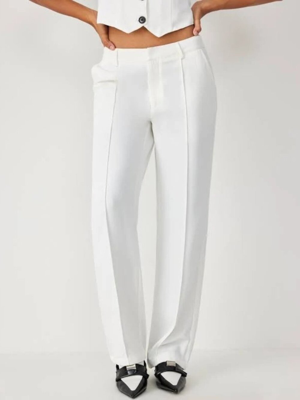 CIDER Women's Mid Waist Pleated Straight Leg Trousers- White